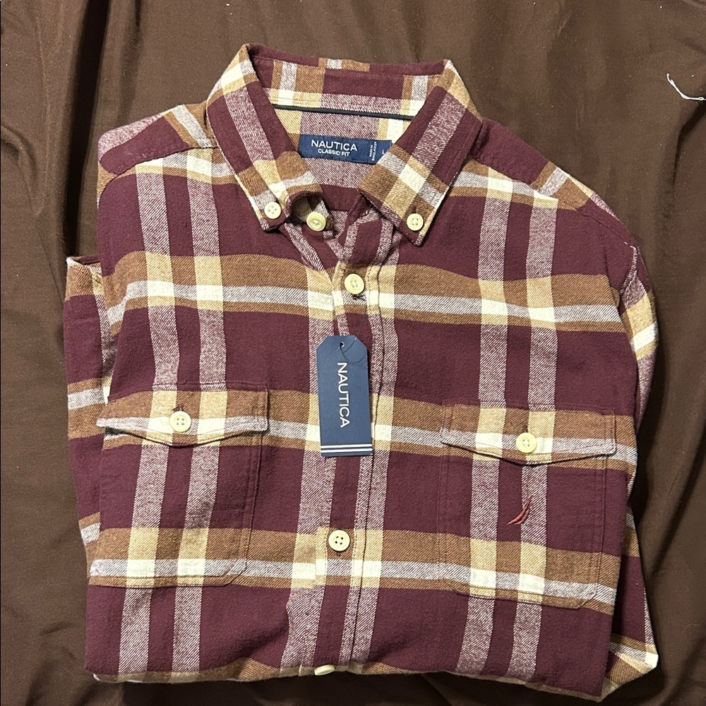 Nautica Men's Casual Plaid Shirt - Burgundy and Tan